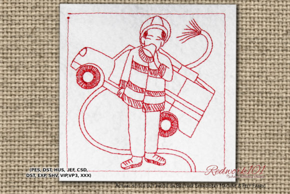 Fire Fighter with Fire Truck Redwork